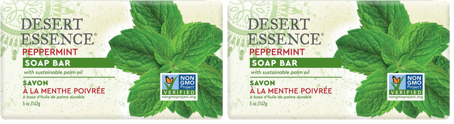 Desert Essence Peppermint Soap Bar - 5 Ounce - Cleanse & Soothes Skin - Tea Tree Oil - Aloe Vera - Jojoba Oil - Refreshing Rich Scent - Acne - Invigorating Moisturizer (Pack of 2)