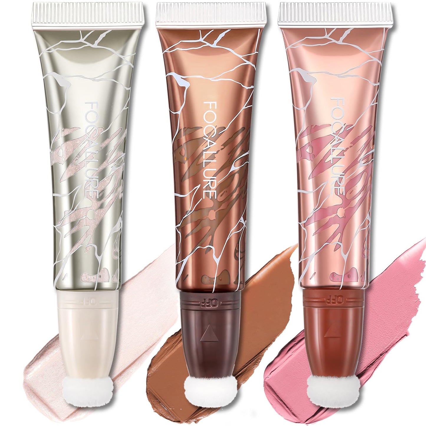 FOCALLURE 3 PCS Liquid Contour Stick,Moisturizing Highlighter,Blush and Bronzer,Silky Cream Contouring Pen with Soft Cushion Applicator,Long Lasting Face Illuminator Makeup,Daisy Chain