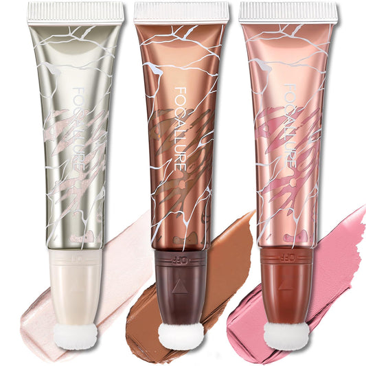 FOCALLURE 3 PCS Liquid Contour Stick,Moisturizing Highlighter,Blush and Bronzer,Silky Cream Contouring Pen with Soft Cushion Applicator,Long Lasting Face Illuminator Makeup,Daisy Chain