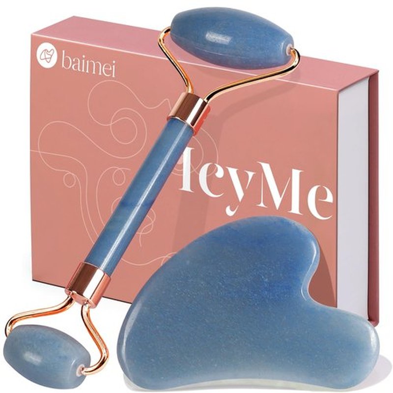 BAIMEI Jade Roller & Gua Sha, Face Roller, Facial Beauty Roller Skin Care Tools, Self Care Gift for Men Women, Massager for Face, Eyes, Neck, Relieve Fine Lines and Wrinkles - Blue