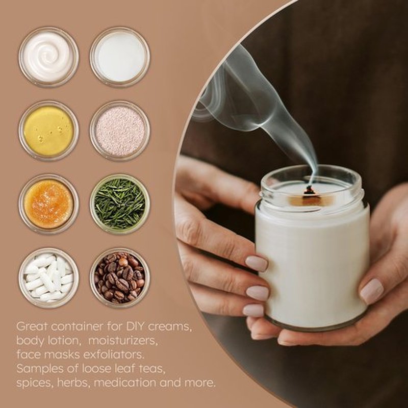 Small Glass Containers with Lids, 8 oz Glass Jars with Plastic Woodgrain Lids & Inner Liners, Reusable Travel Containers for Creams, Makeup, Lotion, Cosmetic - 2 pack