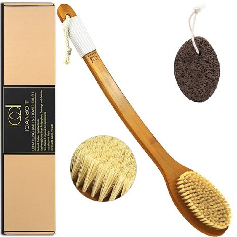 ICANdOIT-19.68Inch Natural Stiff Sisal Bristles Anti-Slip Extra Long Handle Bath Brush,Bent Handle Shower Scrubber for Exfoliating,Shower Back Brush,Exfoliation Set with Pumice Stone(1 Pack)