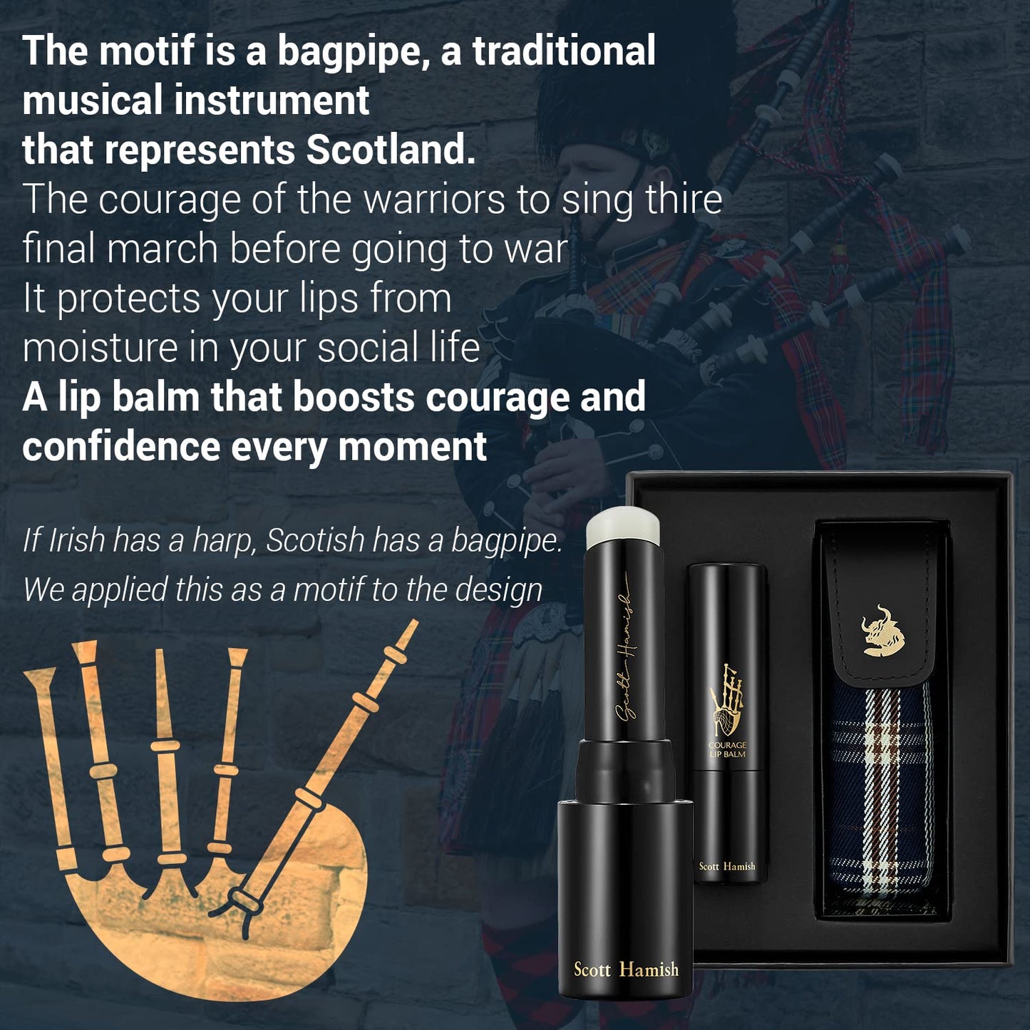 Scott Hamish Courage Lip Balm & Case Gift Set - Pure Cowhide Leather LipBalm Holder with Hydrating Lip Balm for Dry Cracked Lips - Flavored LipBalm & Holder Gift Set for Men