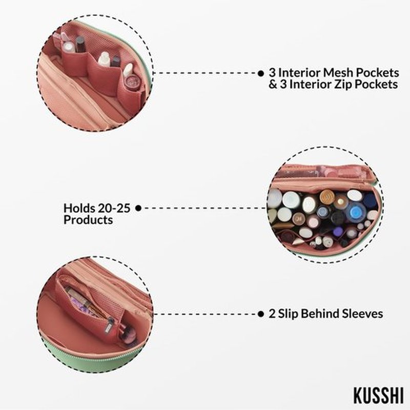 KUSSHI Neoprene Train Case Makeup Bag - Washable Makeup Travel Bag & Vanity Case for Stress Free Travel (Large, Sage/Coral Rose)