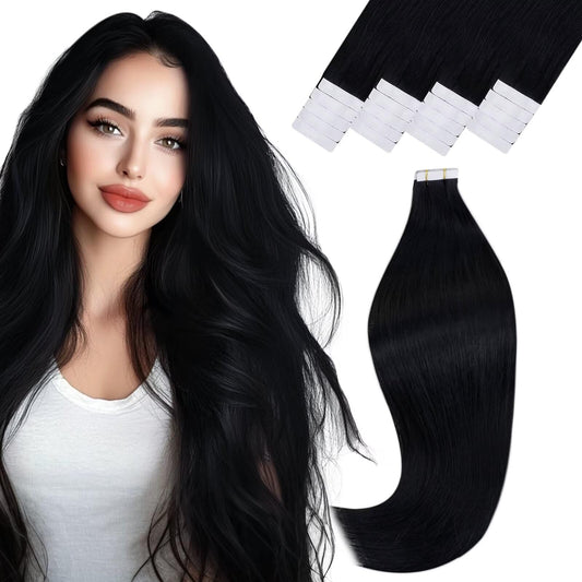 Vivien Black Tape in Hair Extensions Human Hair Jet Black Human Hair Extensions Tape in 12 Inch Remy Fashion Hair Tape in Human Hair Extensions Straight 20pcs 30G