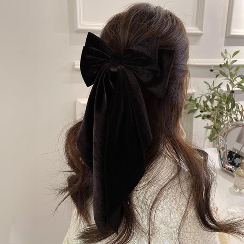 2pc Big Hair Bows for Women Girls Brown Velvet Ribbon Hair Bow Clips with Long Tail French Barrette Hair Clamps Fall Winter Ponytail Holder Decoration Accessories