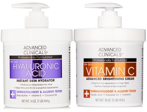 Advanced Clinicals Hyaluronic Acid Body Lotion + Brightening Vitamin C Cream 2pc Set | Face Moisturizer & Body Cream | Brightening Cream For Body, Uneven Skin Tone, Stretch Marks & Crepey Skin, 2pc