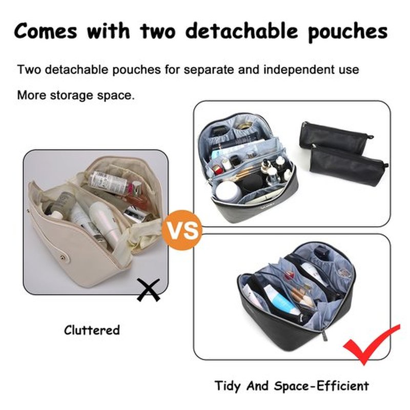 Travel Makeup Bags Cosmetic Organizer Bag: 3-Set Large Capacity Make up Bag - PU Leather Toiletry Bag for Women - Wide Open Portable Pouch with Divider & Handle (10-Black)