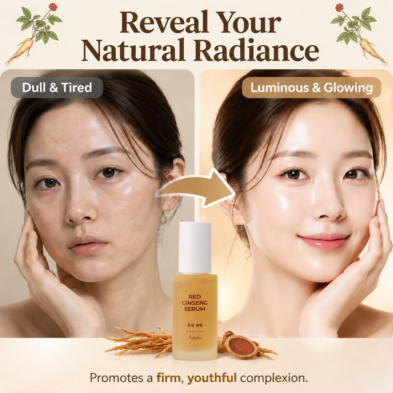 Esfolio made in Korea Red Ginseng Serum 1.69 Fl Oz, Lightweight Facial Serum with Red Ginseng Extract, Fast Absorbing Daily Face Serum for Soft and Refreshed Skin, Korean Skincare
