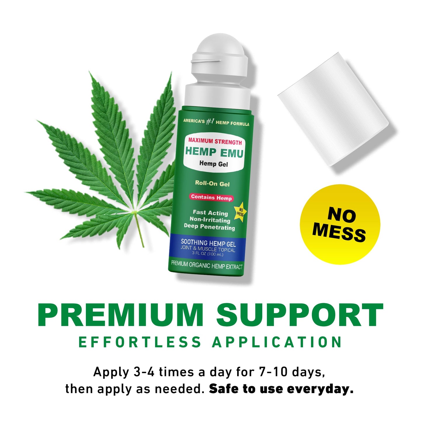 Hemp Emu - Hemp Roll On Gel - Muscle Rub for Back & Joint Discomfort - Soothing Gel with Organic Hemp Oil, Emu Oil, Menthol, Eucalyptus, Aloe Vera