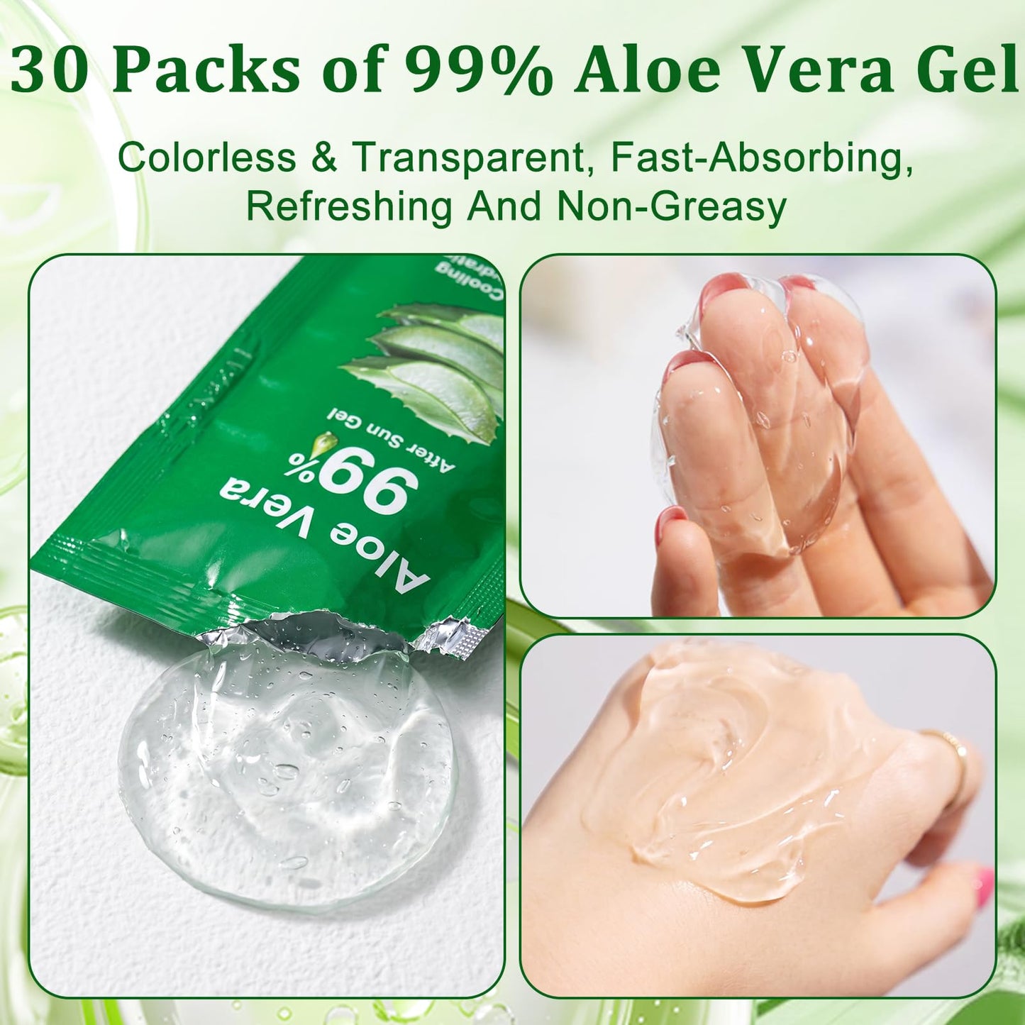 Jutqut 30 Packs Aloe Vera Gel Sachet - 99% Organic Aloe Vera Juice for Face & Body, Deeply Hydrating & Calming, Fast Absorbing, Refreshing Non-Greasy, Sunburn Relief & After-Sun Care