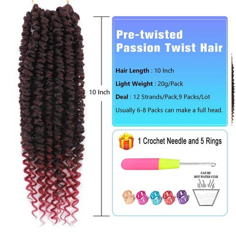Passion Twist Crochet Hair,10 Inch 9 Packs Ombre Red Pretwisted Passion Twist Hair, Soft Pre Looped Crochet Hair For Women，Short Curly Crochet Twists Braids(10",Tburgundy#)