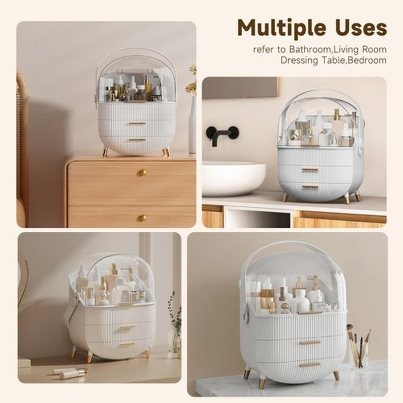 Makeup Storage Organizer with Lid, Waterproof Cosmetics Skincare Organizer for Vanity, Portable Makeup Storage Box for Countertop, Gifts, Women (White)