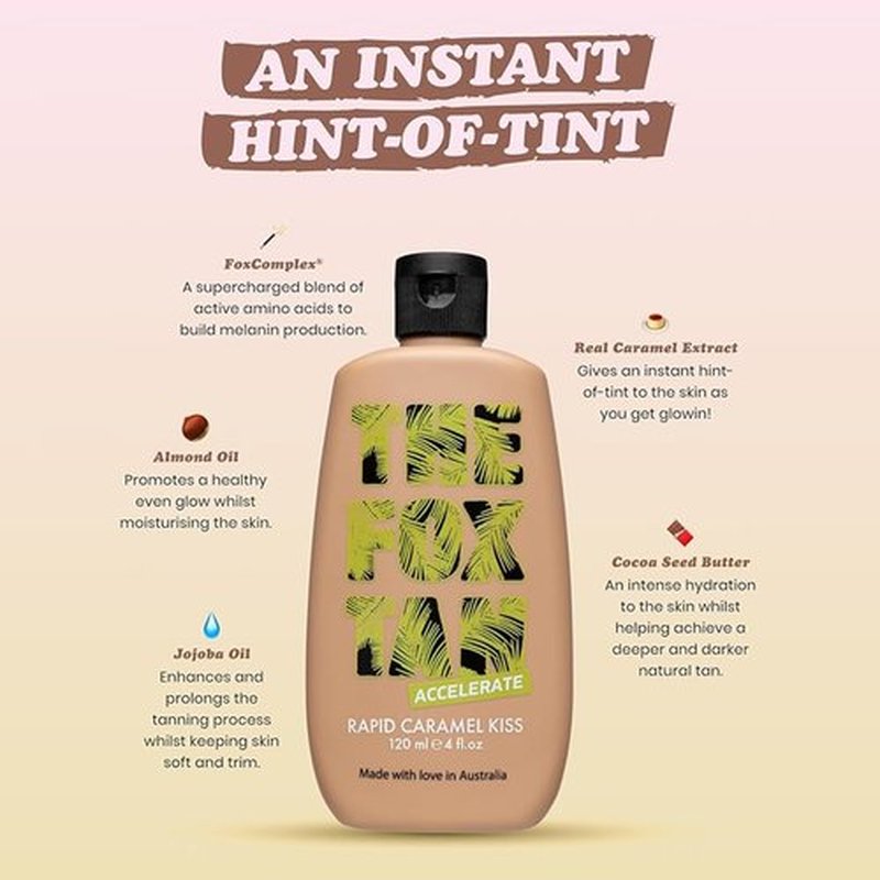 The Fox Tan Rapid Caramel Kiss, Natural Tanning Accelerator For Deeper & Darker Tans, Delivers an Instant Tint & Glow, Vegan & Cruelty Free, 120 mL