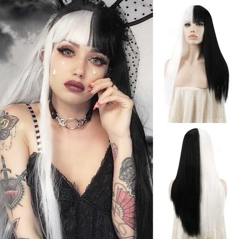 SOFEIYAN Long Straight Wig with Bangs Black&White Synthetic Hair Replacement Wigs Heat Resistant Full Wig for Women Girls 26 inches