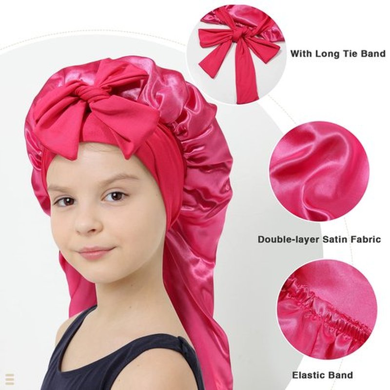 Kids Long Hair Bonnet for Sleeping - Double Layer Girls Elastic Satin Bonnet with Tie Band for Braid Curly Hair (Hot pink)