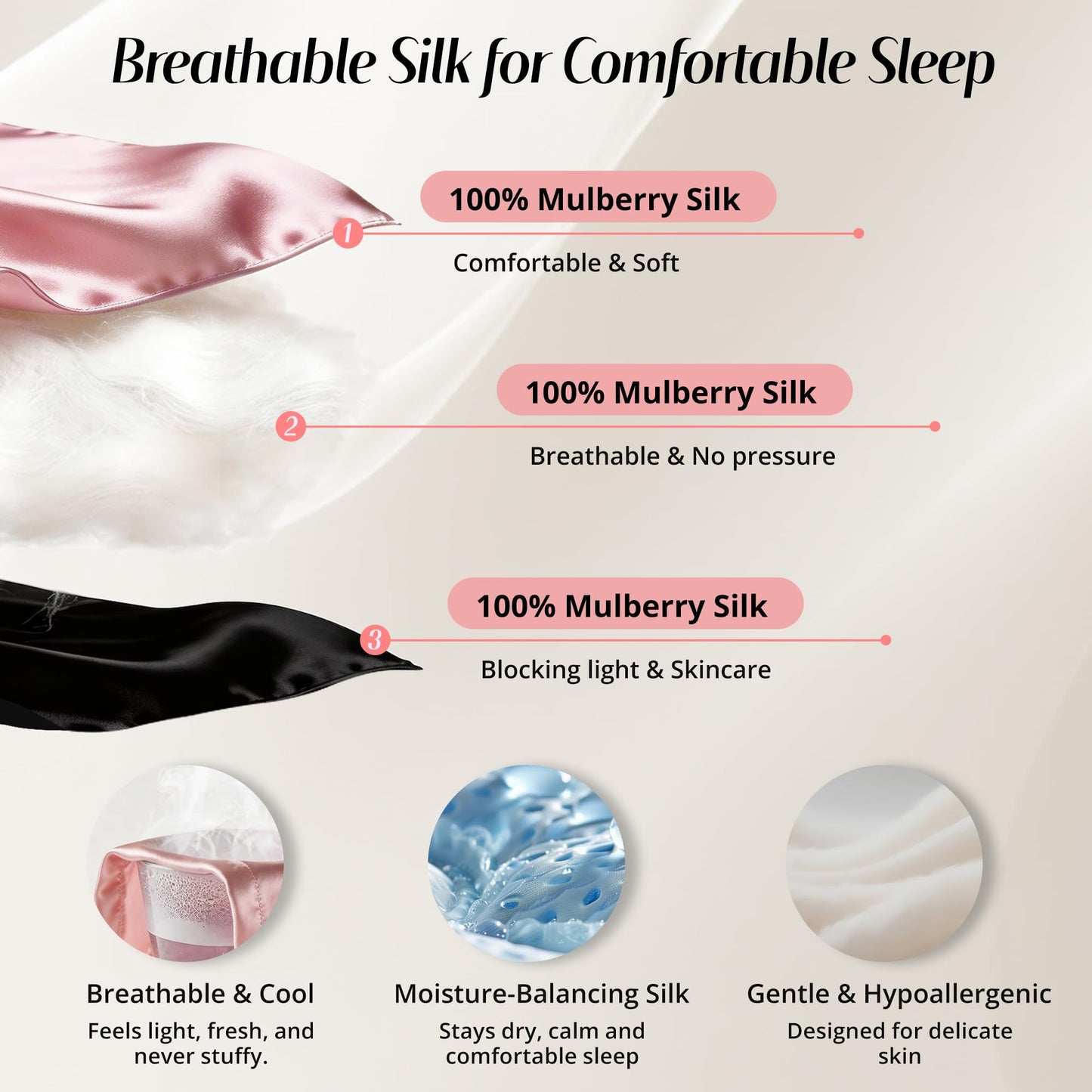 Silk Sleep Mask for Women: 100% Mulberry Silk Eye Mask, Black Back Sleeping Mask for Light Blocking, Soft Wavy Edge Eye Cover and Adjustable Strap, Travel & Sleep Gift (Pink)