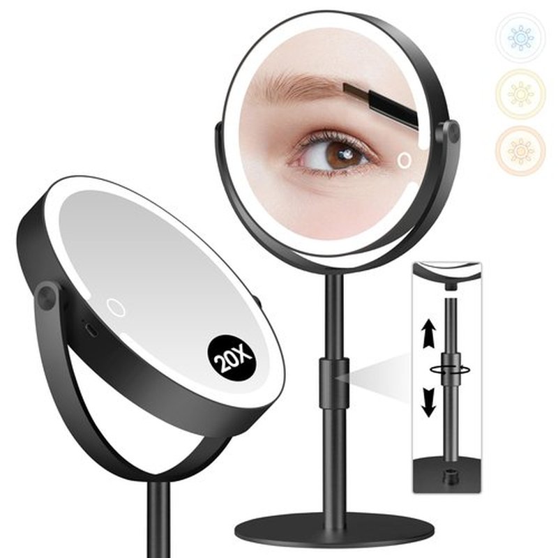 PEDOMIROR Led Makeup Mirror with Lights, 20X Magnifying Mirror, Rechargeable Magnified Makeup Mirror with 360°Rotation & Height Adjustable, Detachable Vanity Mirror(Black)