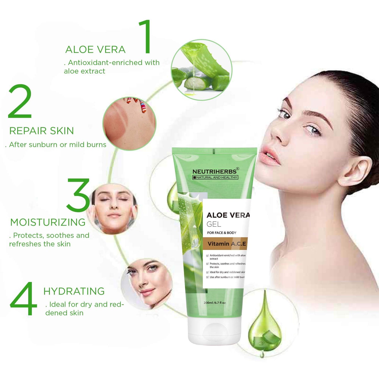 Neutriherbs Aloe Vera Gel Pure Aloe Vera Juice with Vitamin A, C, E for Sunburns Acne Dry Skin and Itch Soothing and Moisturing 6.7 Fl Oz