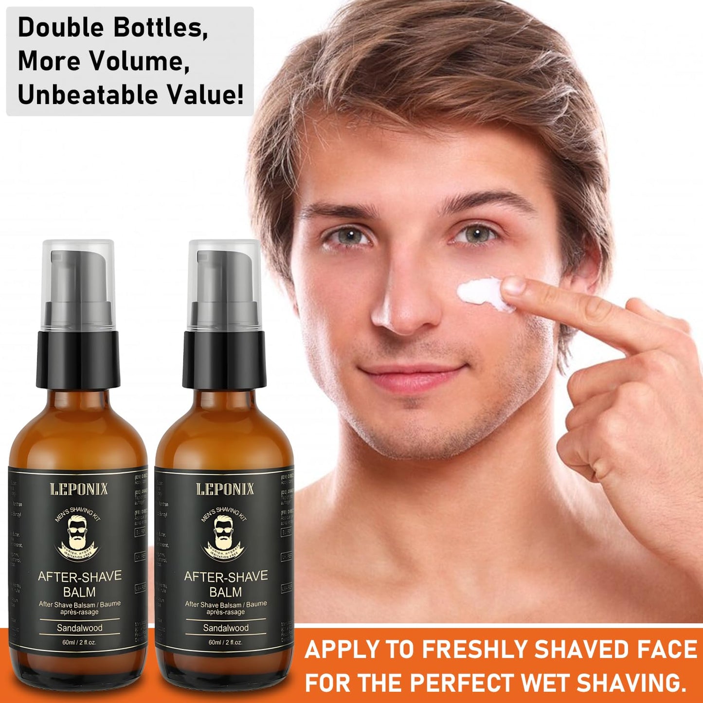 LEPONIX After Shave Balm for Men, 2 Pack (2 x 60ML, 120ML Total) – Luxury After Shave Lotion for Men's Skin Care with Sandalwood, Cooling, Hydrating & Razor Bump Relief, Post Shave Care to Soothe Skin