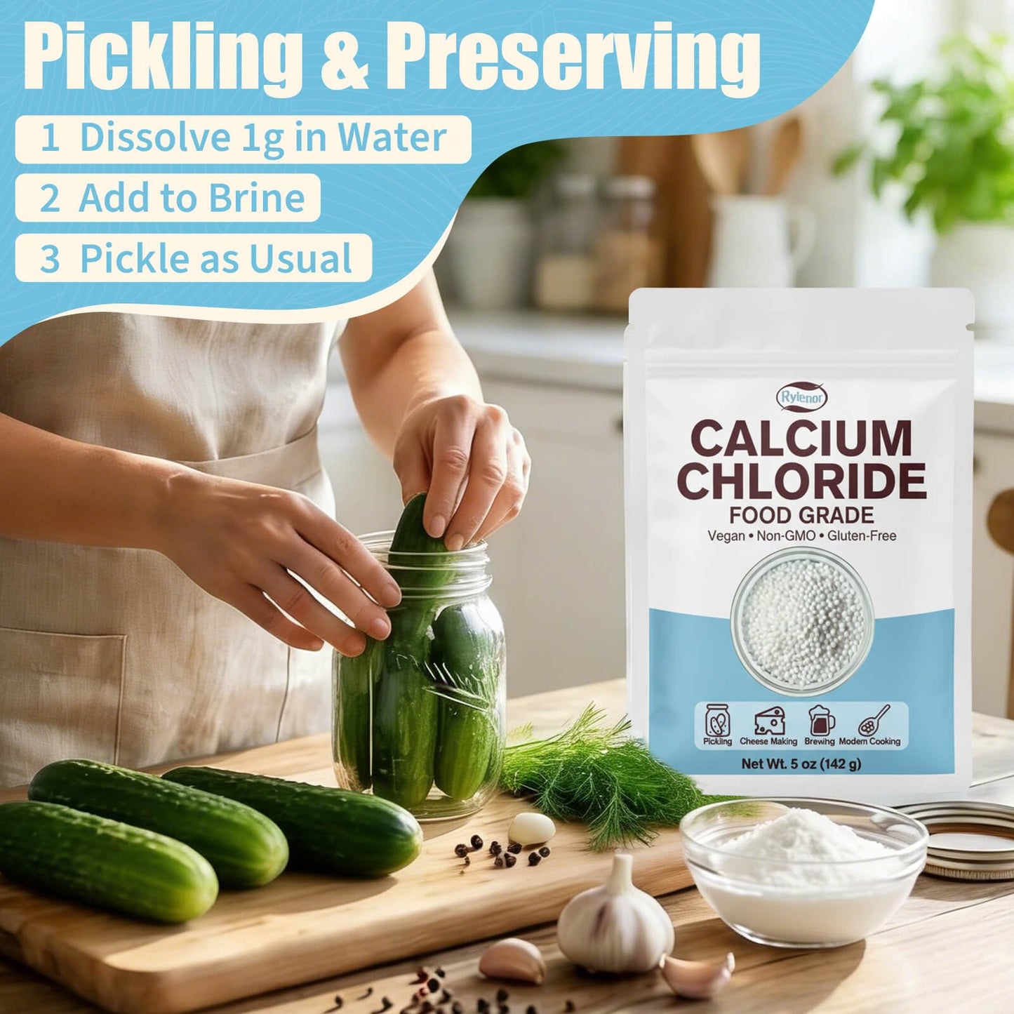 Calcium Chloride Food Grade 5 oz, Pure Calcium Chloride for Cheese Making, Pickling, Canning, Brewing & Modern Cooking, Vegan, Gluten-Free, Resealable Pouch, 2-Year Shelf Life