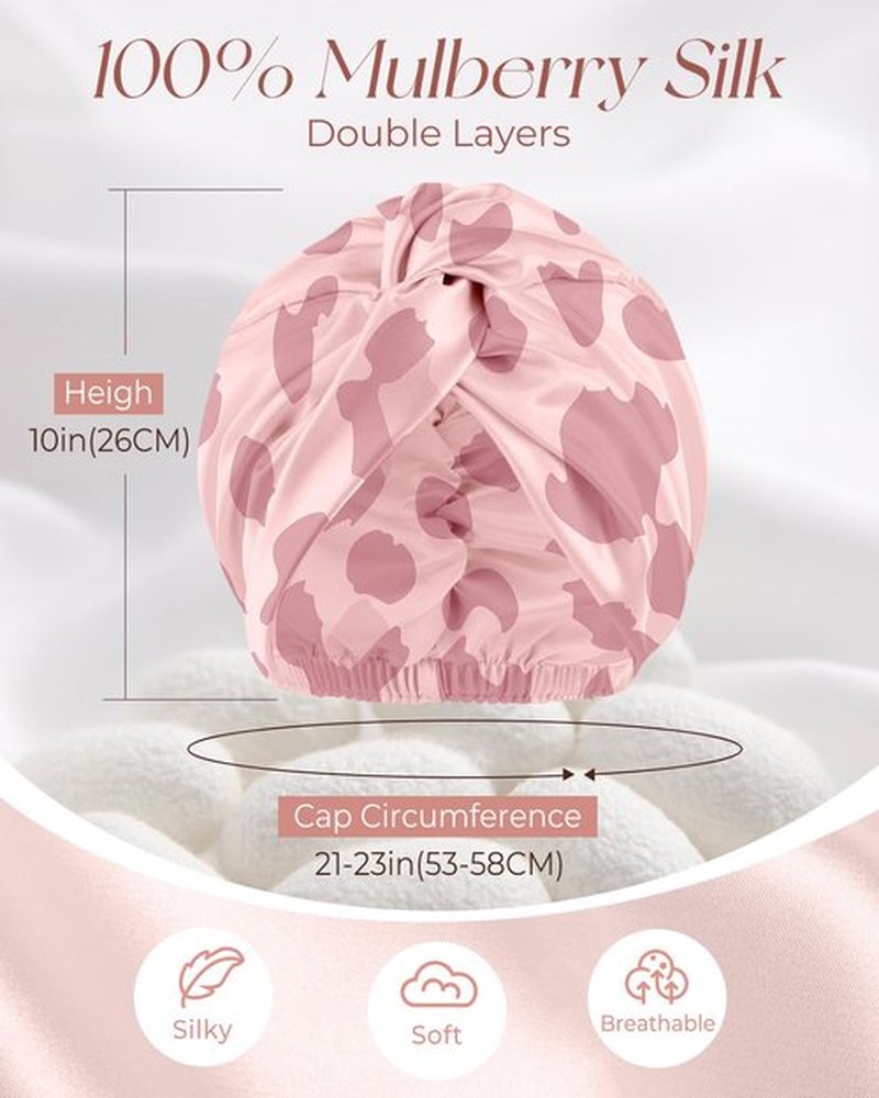 Miss Adola Silk Bonnet for Women - Mulberry Silk Sleep Cap for Hair Care with Eye Mask & Scrunchie 19 Momme Night Cap Sleeping Set with Elastic Stay On Head, Leopard