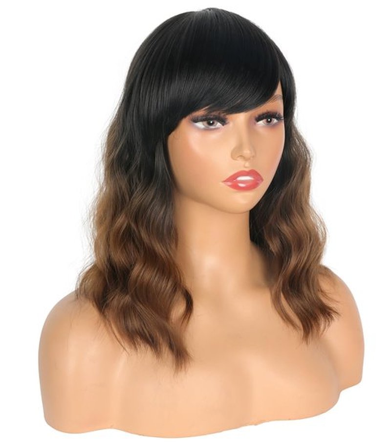 SYMEIW Short Wavy Wig with Bangs for Women Shoulder Length Brown Synthetic Wigs Natural Wavy Black To Brown Wigs Heat Resistant for Daily Party Use