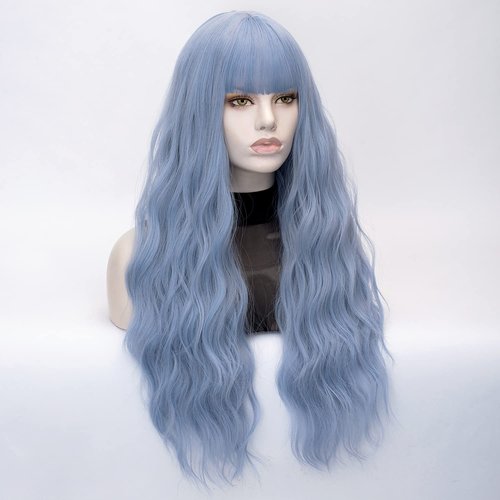 QACCF Long Blue Wig Women Long Wavy Pelucas Fluffy Curly Women Synthetic Fiber Realistic Fun Bang Light Blue Colorful Girls Wig (Blue)