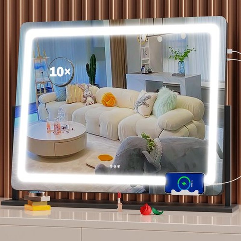 Gvnkvn Makeup Vanity Mirror with Lights - 24WX18.9L Large LED Lighted Mirror with 10X Magnification and USB Charging Port, Phone Holder, Smart Touch 3 Colors Dimmable, 360° Rotation Black,