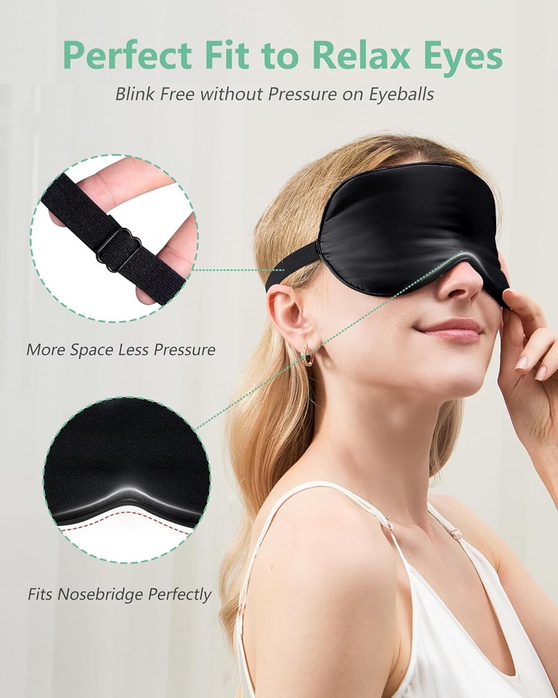 Real Mulberry Silk Sleep Masks - 2 Pack Adjustable Eye Masks | Block Light & Reduce Puffy Eyes (Black & Pastel Blue)