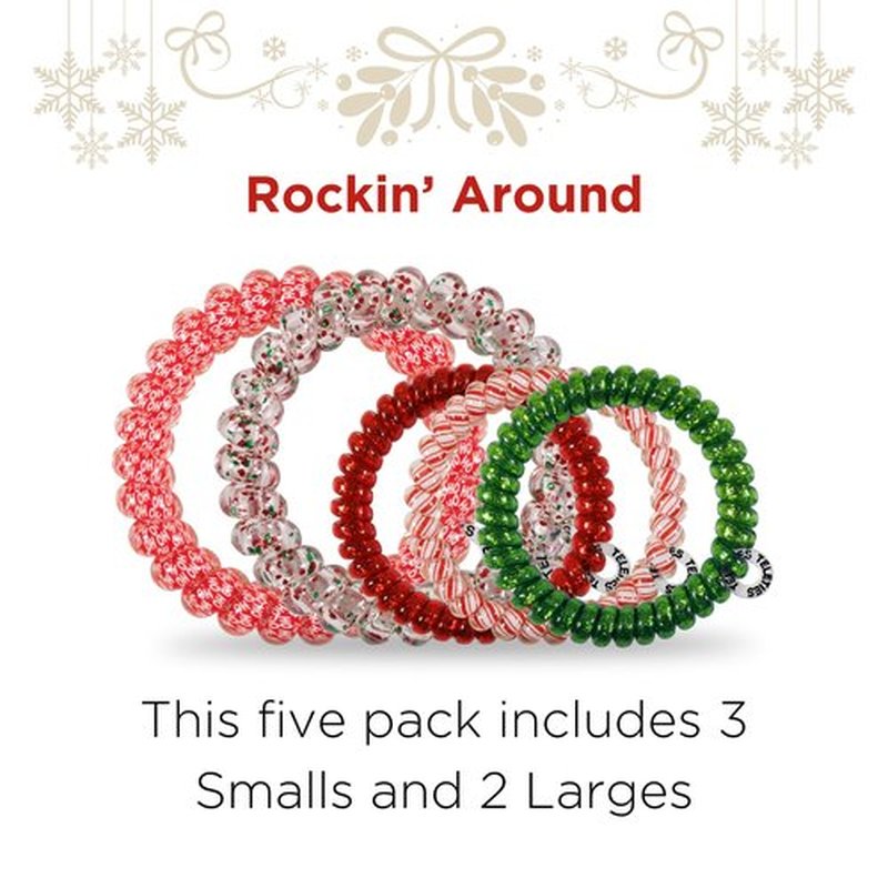 TELETIES - Mixed Spiral Hair Coils - Holiday Collection - Ponytail Holder Hair Ties for Women - Phone Cord Hair Ties - Strong Grip, No Rip, Water Resistant, No Crease - Mixed 5 pack - Rockin' Around