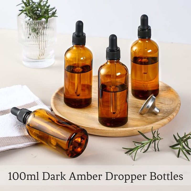 4 Pack, 100ml Amber Glass Dropper Bottles Plus 2pcs Graduated Calibrated Glass Pipettes (1ml)- 3.4oz Dark Brown Tincture Bottles with Eye Droppers for Essential Oils, Liquids - Leakproof Travel Bottle