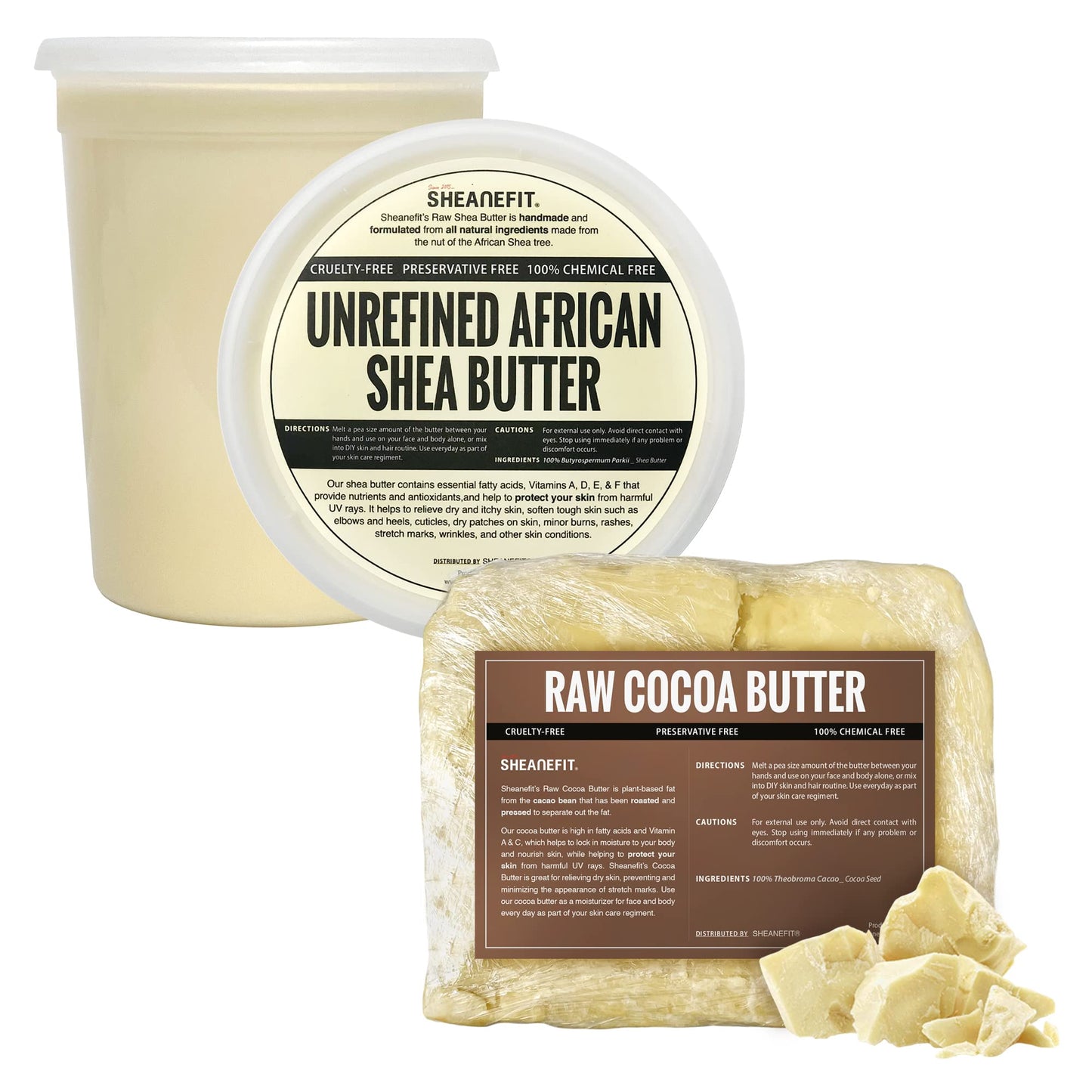 Sheanefit Raw Unrefined African Shea Butter 32 OZ & Raw Cocoa Butter 5LB Set