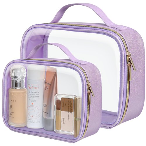 PACKISM TSA Approved Toiletry Bag - Glitter Textured Clear Travel Bag, Personalized and Fashion, with 180° Large Opening and Supporting Frame, Perfect for Travel Essentials, Thick No Smell, Purple