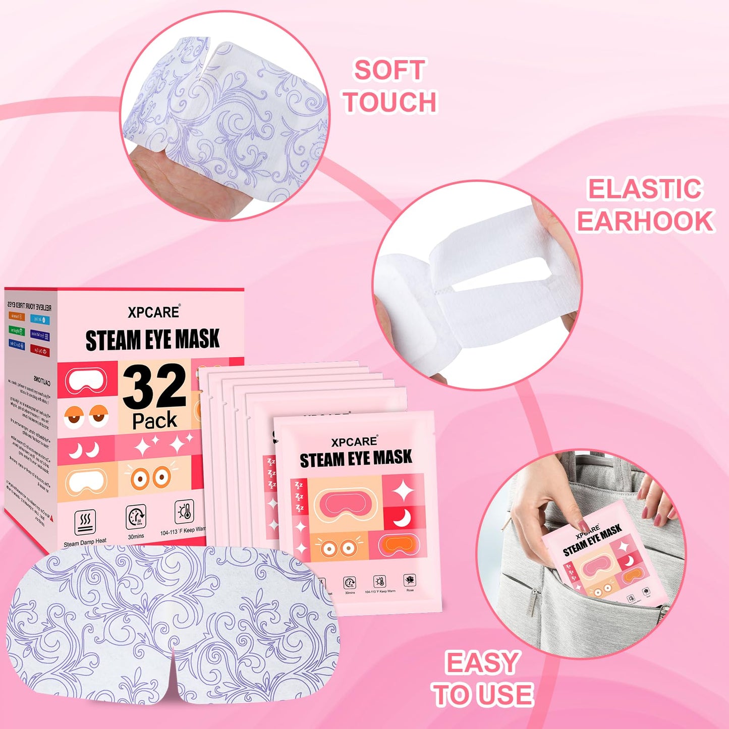 XPCARE 32 Pack Steam Eye Masks for Dry Eyes, SPA Warm Sleep Eye Mask, Disposable Heated Eye Mask for Dark Circles, Puffy Eyes, Relief Stress Eye Fatigue(Rose)