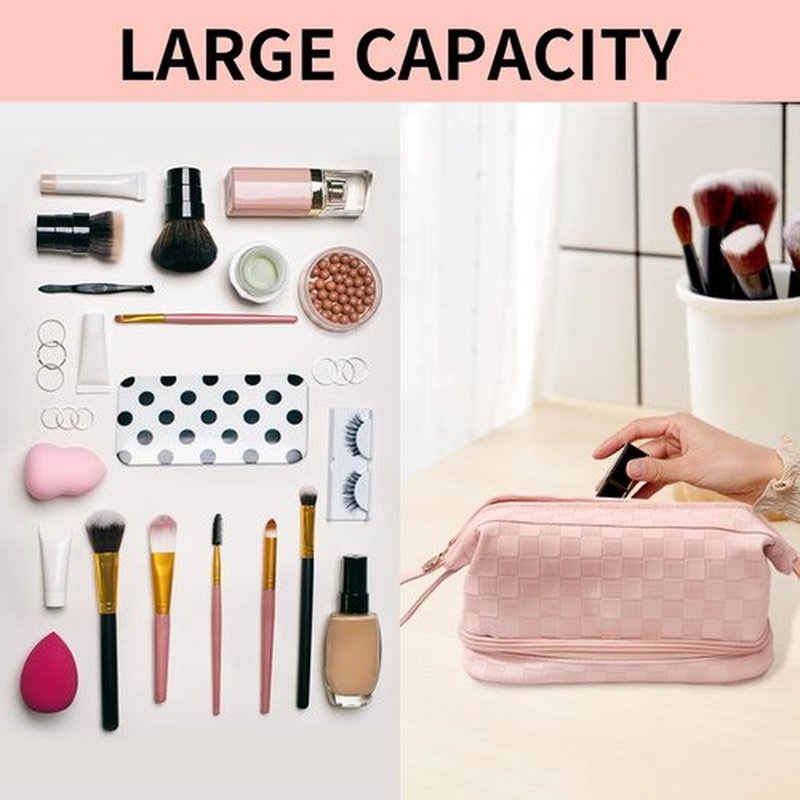 Abiudeng Large Pink Makeup Bag,Waterproof Cosmetic Bag,Make up Travel Bag Essentials,Cute Travel Toiletry Bag for Women Makeup Bag Organizer with Bottom Pouch,Travel Size Toiletries Bag for Women