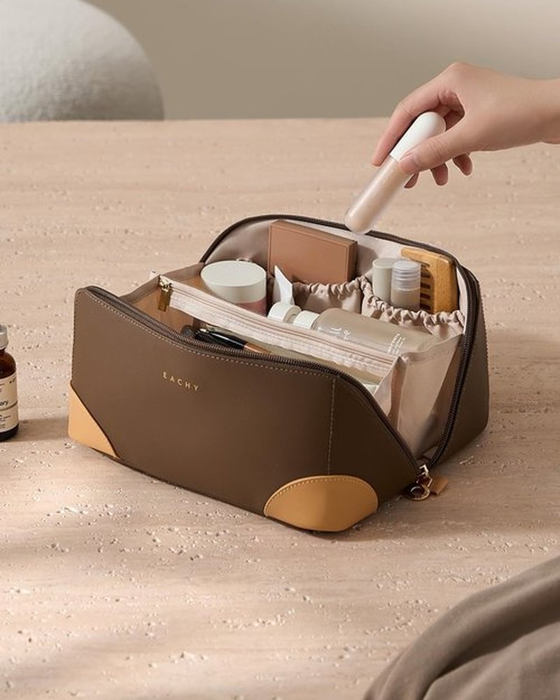 EACHY Travel Makeup Bag,Large Capacity Cosmetic Bags for Women,Waterproof Portable Pouch Open Flat Toiletry Bag Patchwork Makeup Bag (ZY-Brown)