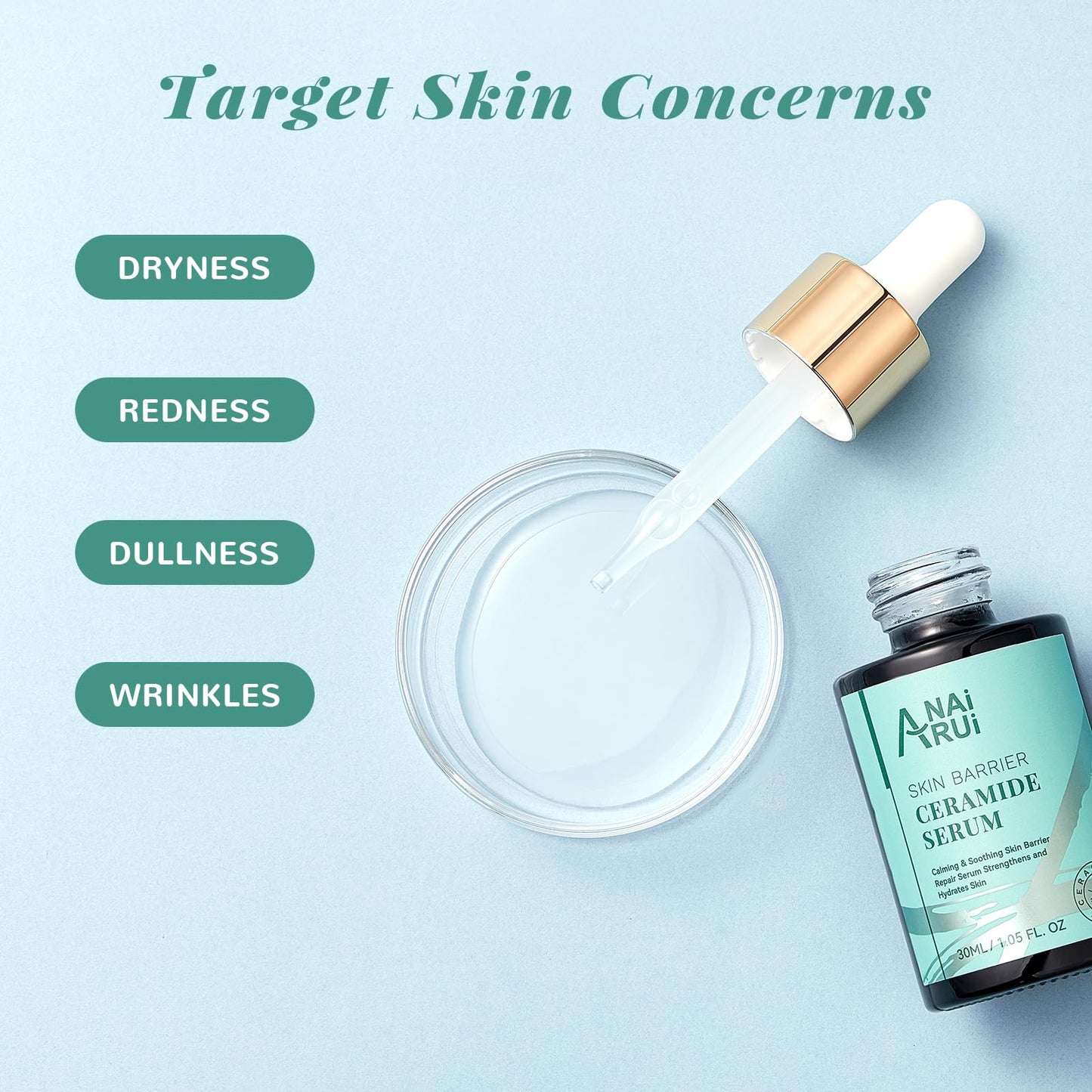 ANAI RUI 5% Ceramide Serum for Sensitive Skin | Skin Barrier Repair & Deep Hydration | Hyaluronic Acid + Rice Protein | Calms Redness & Dryness | All Skin Types | 1.05 Fl.oz