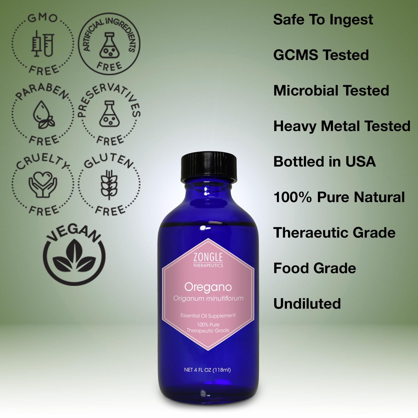 Zongle Therapeutics Oregano Oil, Food Grade, Safe for Ingestion, Edible, for Drops, Kids – 100% Pure, Oregano Essential Oil, 4 OZ
