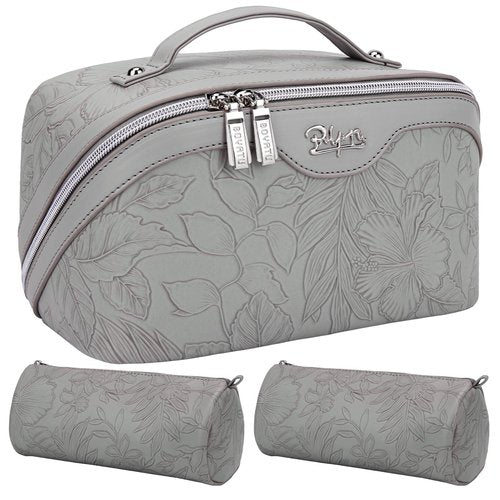 Travel Makeup Bags Cosmetic Organizer Bag: 3-Set Large Capacity Make up Bag - PU Leather Toiletry Bag for Women - Wide Open Portable Pouch with Divider & Handle (03-Grey-1)
