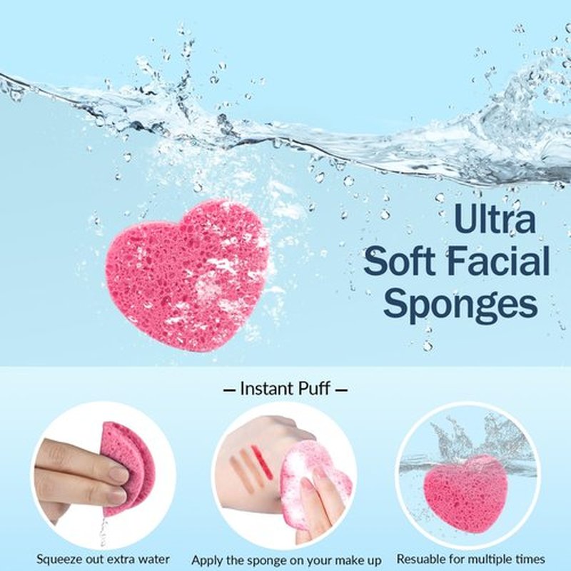 100-Count Compressed Facial Sponges for Estheticians Heart Shape Natural Cellulose Sponge Professional Cosmetic Spa Sponges for Face Cleansing, Massage, Pore Exfoliating, Mask, Makeup Removal, Pink