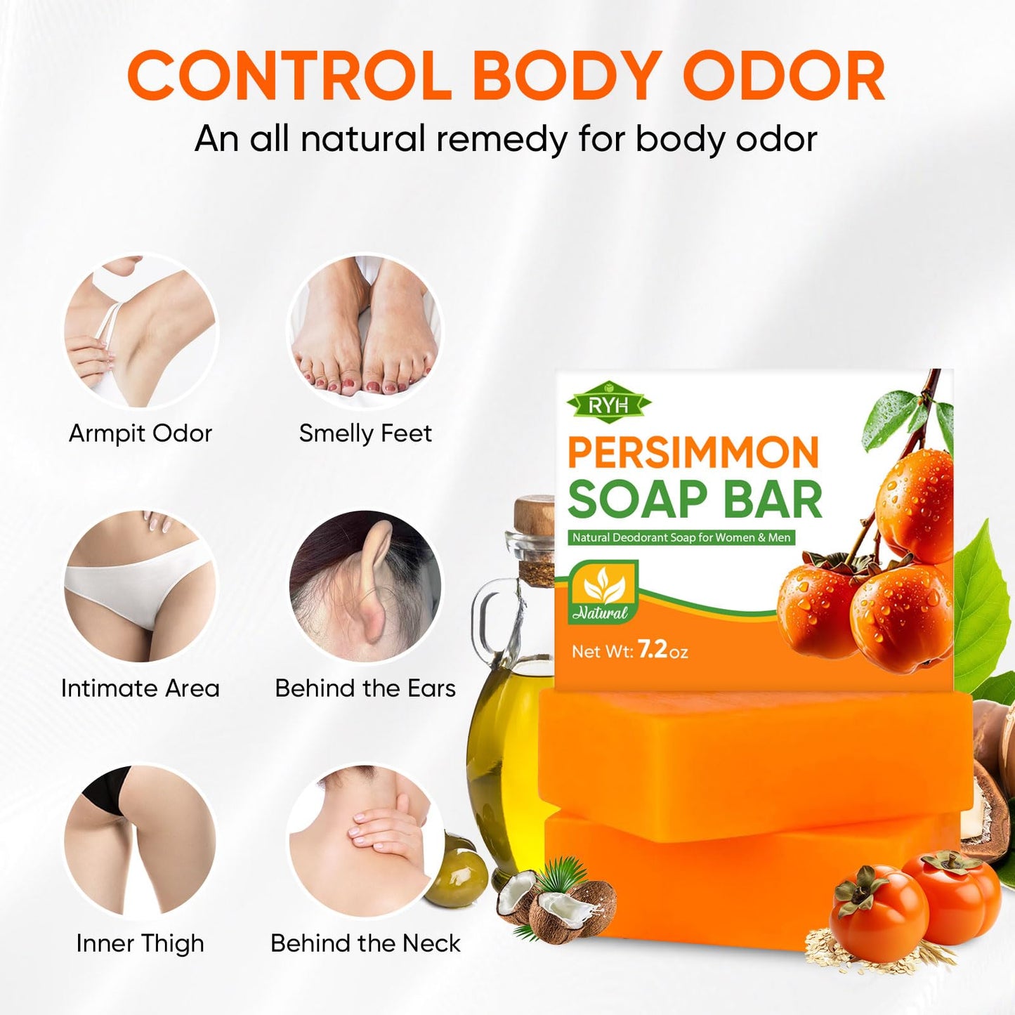 RYH 2 PCS Persimmon Soap Bar for Body Odor Control–Deodorizing & Eliminating Body Odor for Old People Smell, Natural Deodorant Persimmon Bar Soap, Persimmon Body Wash for Women & Men, 3.53oz/per