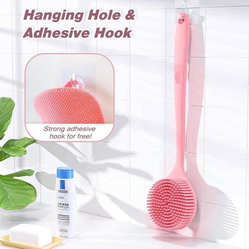 Manmihealth Silicone Back Scrubber(Thick Bristles) & Soft Bath Glove Set, Super-Exfoliating Body Scrubber & Super-Lathering Shower Brush Combination, with a Free Hook.(Pink)