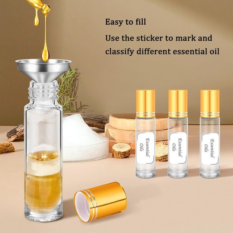 10ml Clear Glass Essential Oil Roller Bottles, Refillable Roll on Bottles with Gold Caps for Castor Travel, 4 Pack Roller Bottles for Essential Oils, Perfume Rollerball Empty