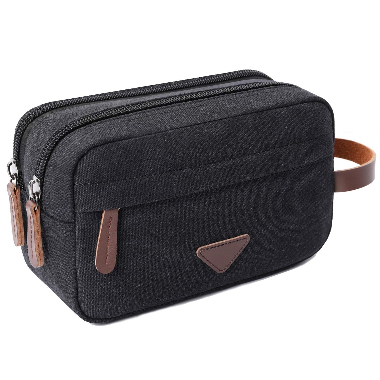 Mactso Men's Toiletry Bag, Vintage Canvas Leather Travel Dopp Kit with 2 Compartments, Heavy Duty Zipper, 9.5x5.5x4 Inch Retro Shaving Makeup Organizer for Business Travel Gym Camping (Black)
