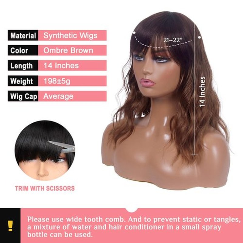 LINGDORA Brown Wigs for Women Short Wig with Bangs Natural Looking Curly Hair Wigs Synthetic Heat Resistant Fiber Ombre Wigs for Daily Party Use (Ombre Brown)