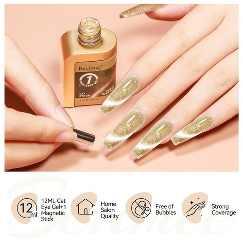 Bevimee Cat Eye Gel Polish 12ML Champagne Gold Magnetic Nail Polish Gel 3 in 1 Step - Glitter Cateye Crushed Ice Effect, Sparkle Crystal Nail Gel Nail Art Polish Soak Off Salon Manicure Gift