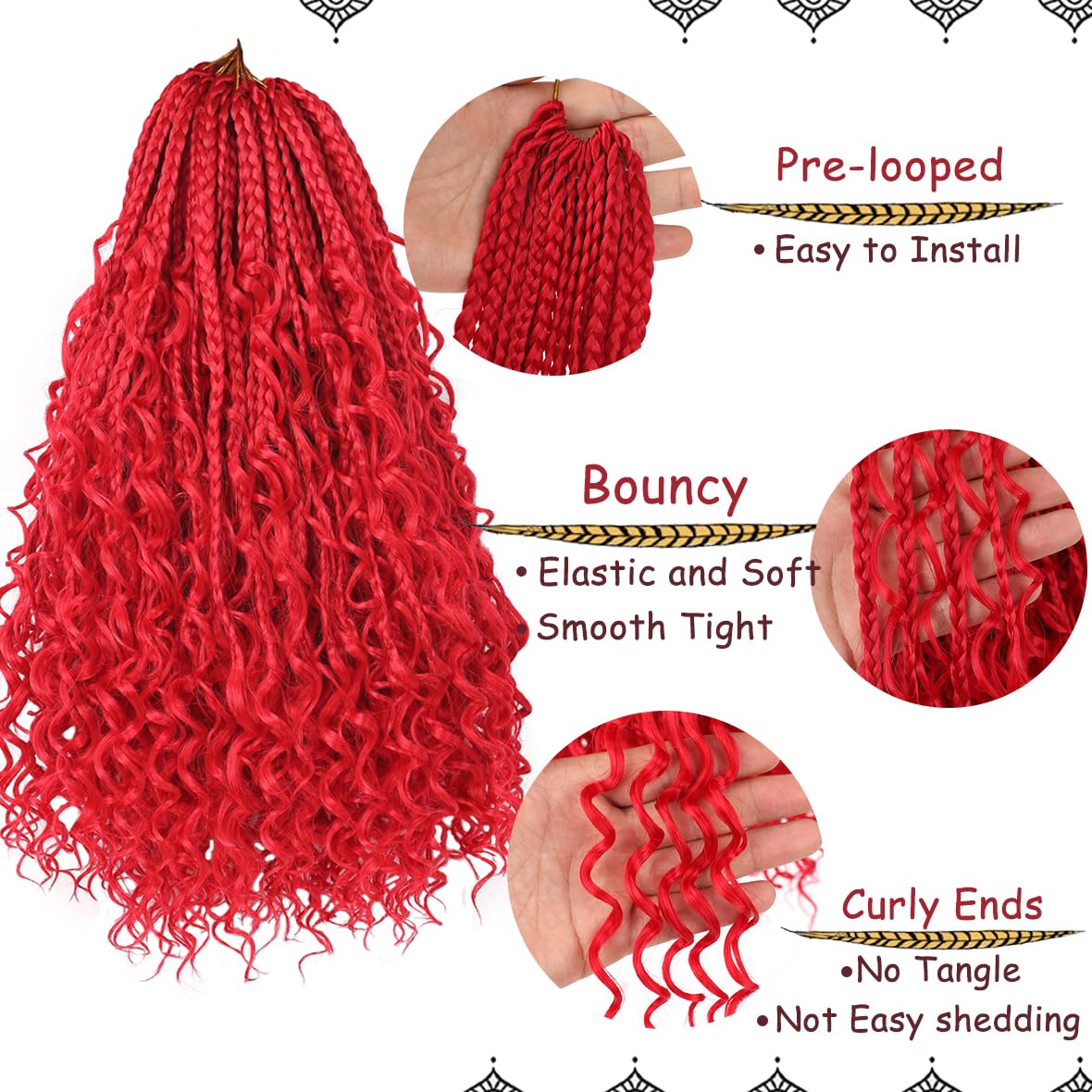 Beverlee 14 Inch Boho Box Braids 8 Packs Goddess Box Braids Crochet Hair Bohemian Hippie Braids Braiding Hair Box Braids with Curly Ends Messy Pre-looped Synthetic Crochet Hair for Women RED#