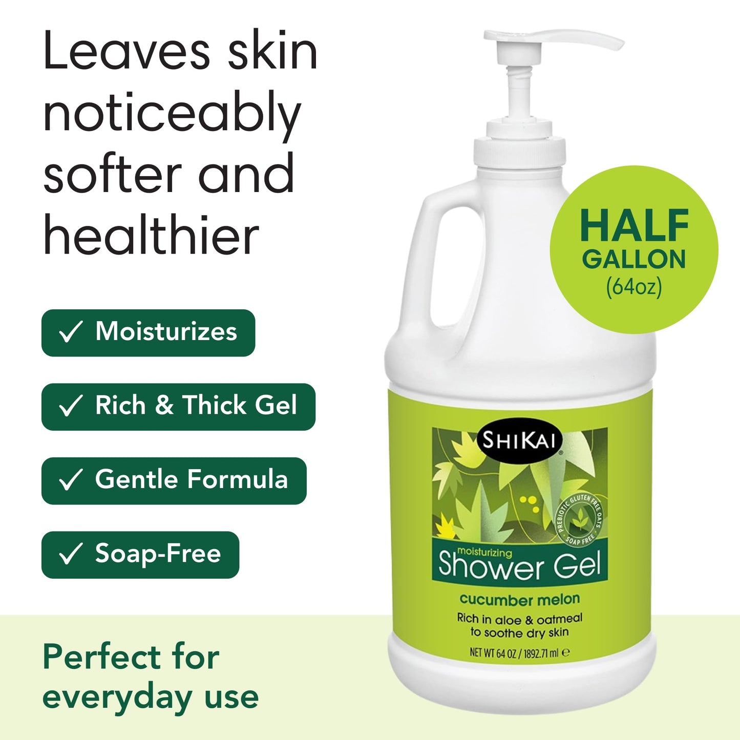 ShiKai Daily Moisturizing Shower Gel (Melon, 64 oz) | Gentle Soap-Free Body Wash for Dry and Sensitive Skin | With Aloe Vera & Oatmeal