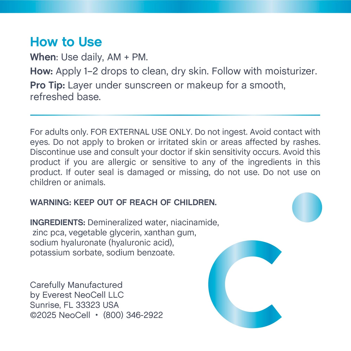 NeoCell Niacinamide Hyaluronic Acid Serum | 2 fl oz | Plus Zinc